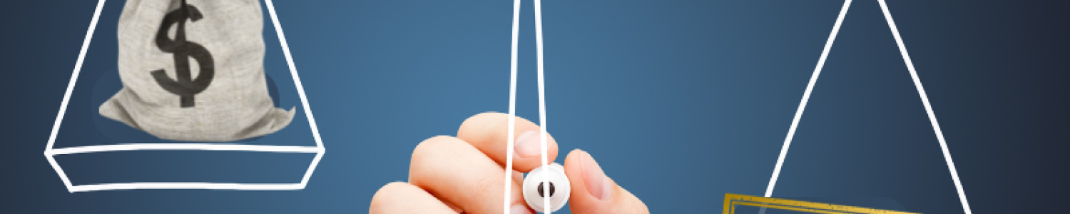 Scales weighing a bag of money over the words high quality