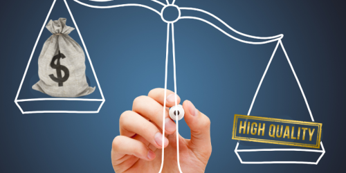 Scales weighing a bag of money over the words high quality